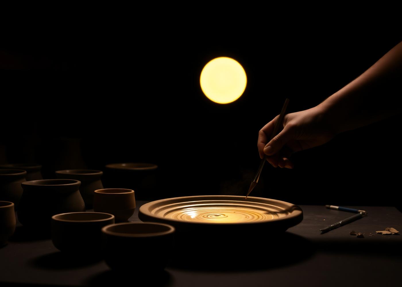 Keramikatelier mit warmem Licht als Hinweis auf Pottery Essen